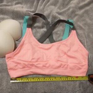 NEW!! SPORTS BRA, PINK W/GREEN & GREY CROSS STRAPS